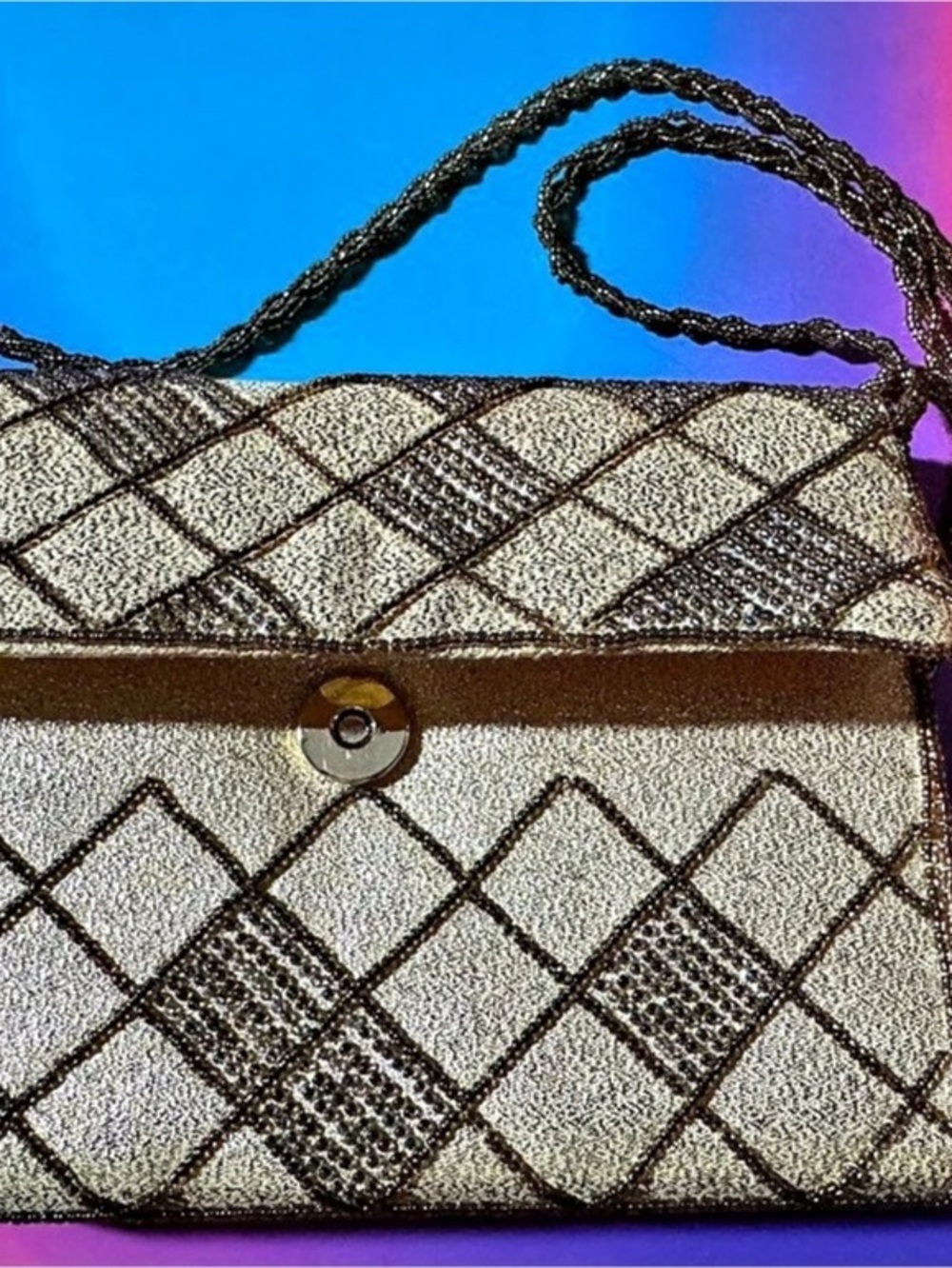 Vintage La Regale Beaded Clutch 1980s Metallic Argyle Geometric Evening Bag